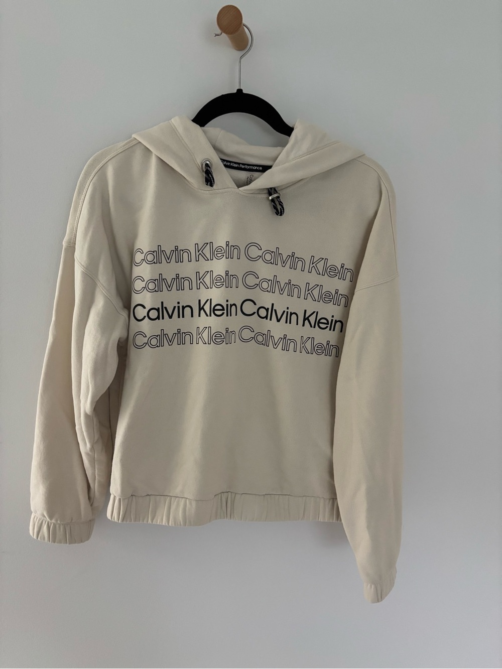 Calvin Klein Performance Repeated Bold Outline Logo Hoodie Cream White Size L
